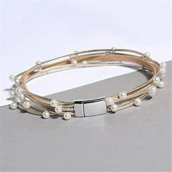 Leather Pearl Wrap Bracelet - Clasp Bangle for Women - Picture 4 of 6